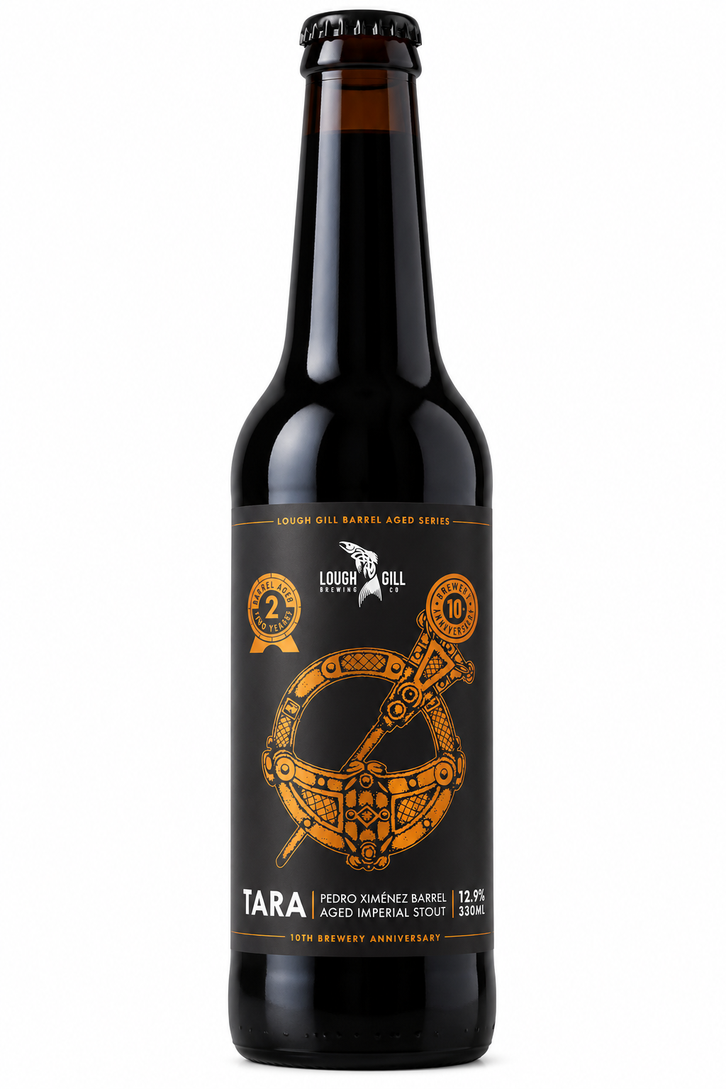 Lough Gill Tara Pedro Ximénez Barrel Aged Imperial Stout 12.9%, tall slim 330ml long-neck glass bottle on white background