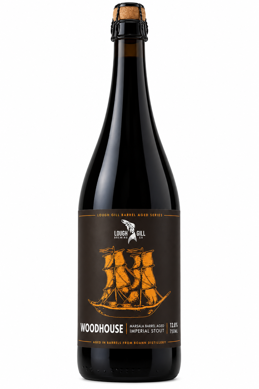 Lough Gill Woodhouse Marsala Barrel Aged Imperial Stout 12.8% ABV, 750ml cork and cage glass bottle, white background