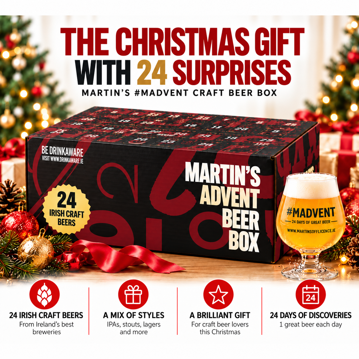 Martin’s MADVENT 2026 black and dark red craft beer advent box with branded beer glass