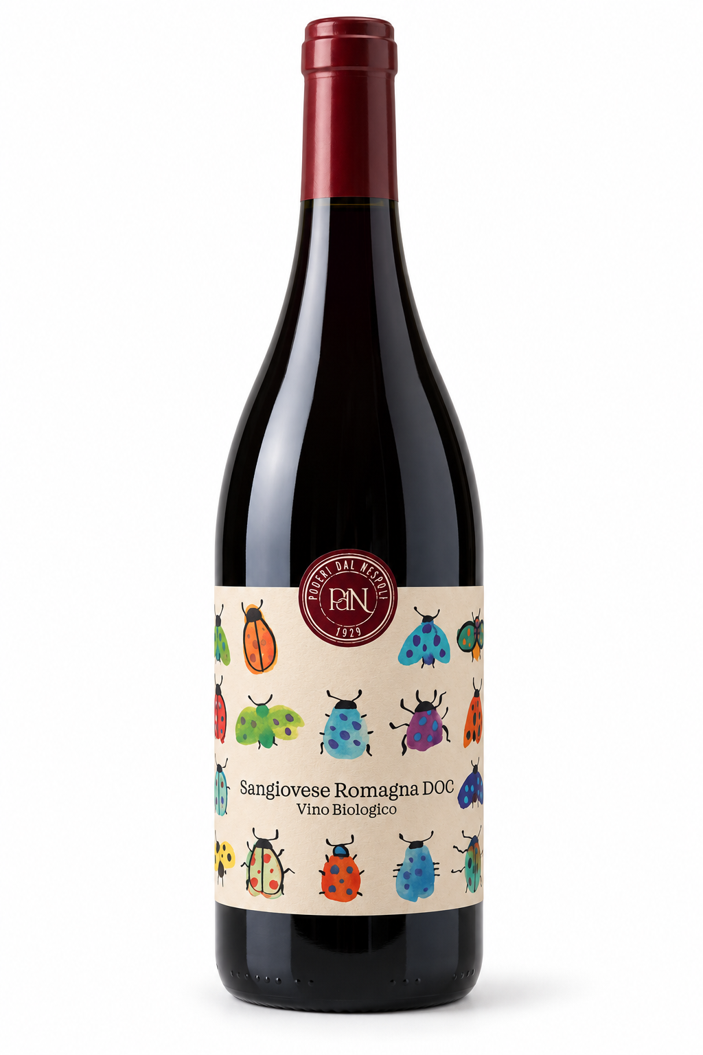 Poderi dal Nespoli Sangiovese Biologico 2023 organic red wine bottle on white background