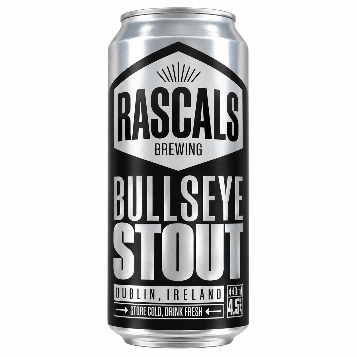Rascals Brewing Bullseye Stout 440ml can on a plain white background