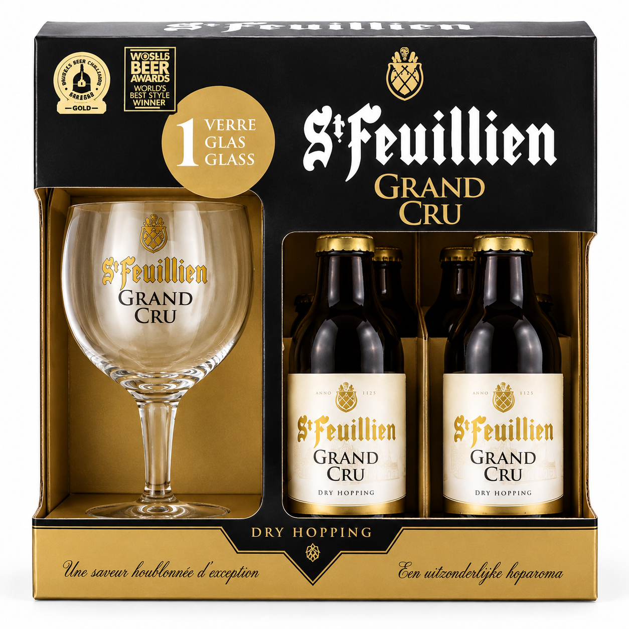 St-Feuillien Grand Cru gift pack with four bottles and glass, white background