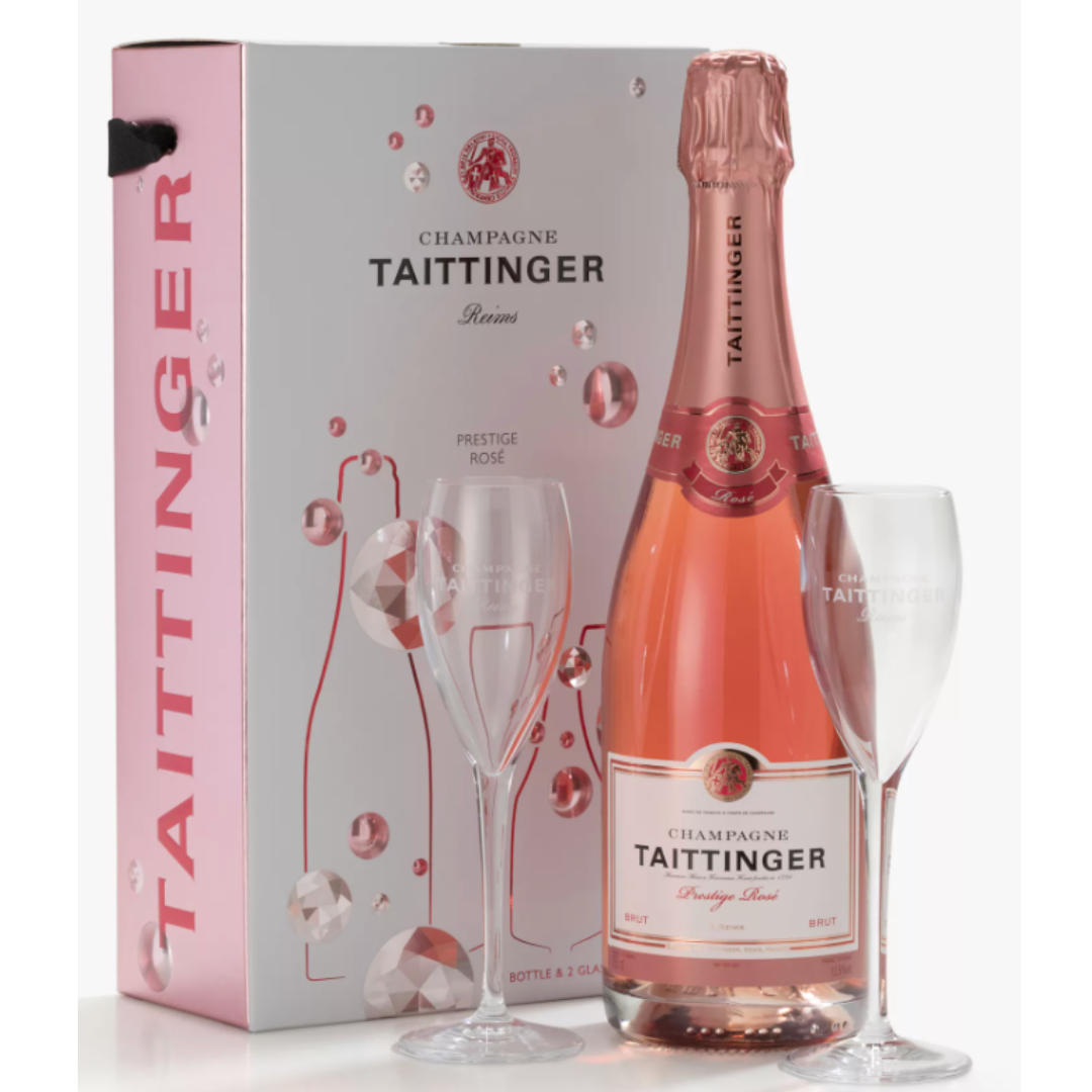 taittinger champagne prestige rose brut with glasses