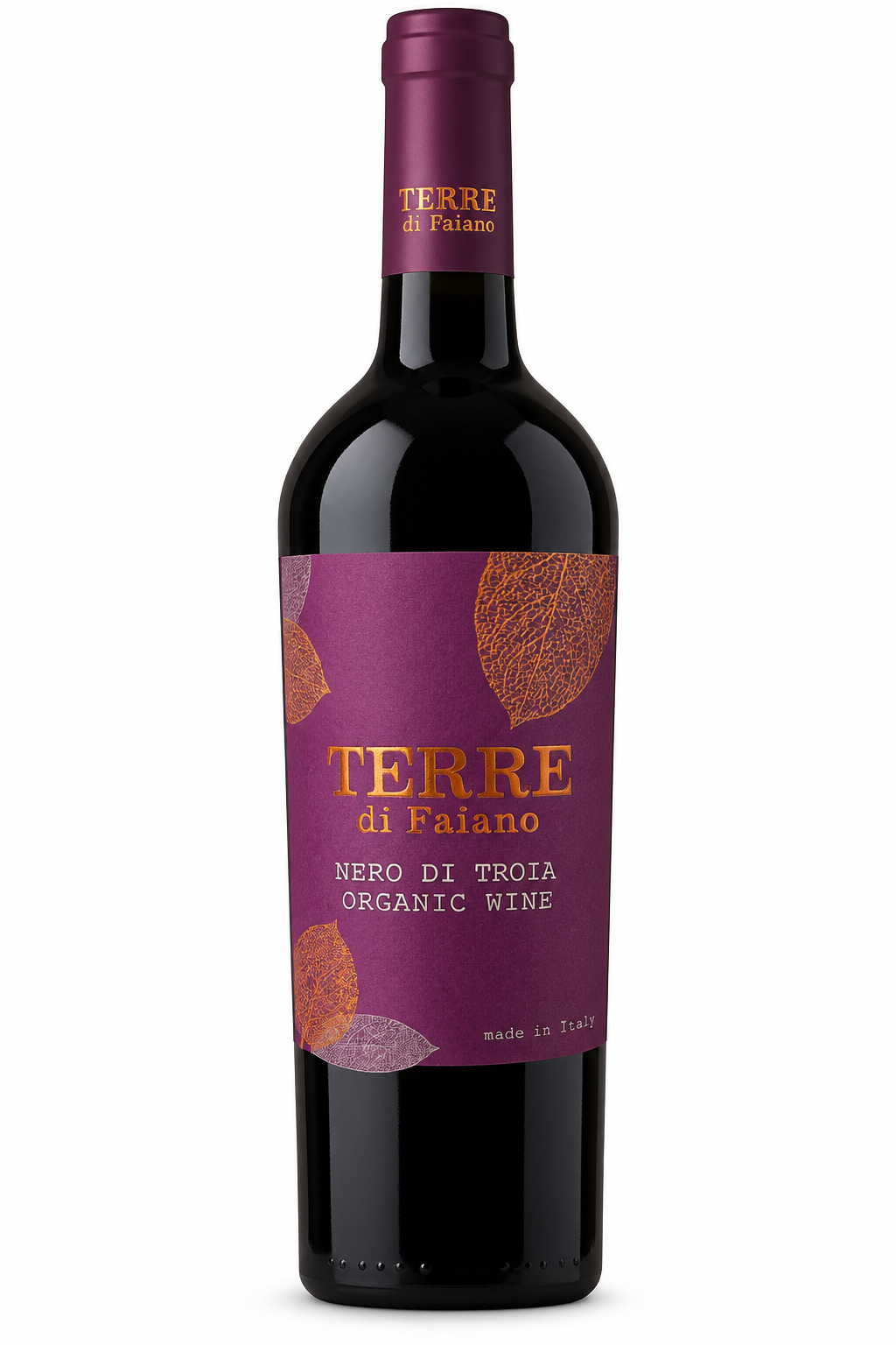 Terre di Faiano Nero di Troia Organic purple labelled 750ml bottle with white background